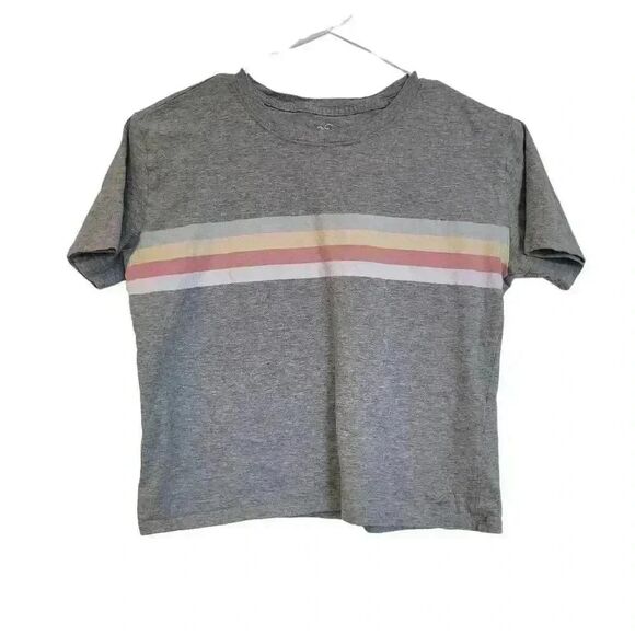 Hollister Women's Heather Gray Cotton Pastel Striped Graphic Boxy Short Sleeve C - Picture 1 of 3